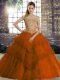 Vintage Off The Shoulder Sleeveless Quinceanera Gown Brush Train Beading and Lace Rust Red Tulle