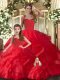 Simple Red Halter Top Lace Up Ruffles Ball Gown Prom Dress Sleeveless
