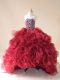 Wine Red Organza Lace Up Sweetheart Sleeveless Little Girls Pageant Dress Wholesale Brush Train Beading and Ruffles