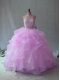 Dramatic Lilac Two Pieces Halter Top Sleeveless Organza Floor Length Backless Beading and Ruffles Quinceanera Gown