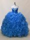 Sleeveless Fabric With Rolling Flowers Floor Length Lace Up 15th Birthday Dress in Blue with Ruffles and Sequins