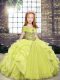 Charming Sleeveless Organza Floor Length Lace Up Little Girls Pageant Dress in Yellow Green with Beading and Ruffles