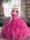 Hot Pink Sleeveless Floor Length Beading and Ruffles and Pick Ups Lace Up Little Girls Pageant Dress
