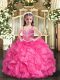 Hot Pink Girls Pageant Dresses Party and Wedding Party with Beading and Ruffles Straps Sleeveless Lace Up