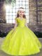 Tulle Straps Sleeveless Lace Up Beading and Hand Made Flower Little Girl Pageant Gowns in Yellow Green
