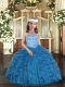 High End Blue Sleeveless Tulle Lace Up Pageant Dress for Party and Wedding Party