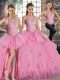 Eye-catching Rose Pink Lace Up Scoop Lace and Embroidery and Ruffles Sweet 16 Dress Tulle Sleeveless