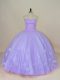 Popular Sweetheart Sleeveless 15 Quinceanera Dress Floor Length Beading and Hand Made Flower Lavender Tulle