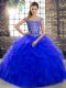 Royal Blue Ball Gowns Tulle Off The Shoulder Sleeveless Beading and Ruffles Lace Up Quinceanera Dresses Brush Train