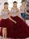 Organza Scoop Sleeveless Lace Up Beading and Ruffles 15 Quinceanera Dress in Burgundy