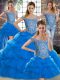 Romantic Blue Quinceanera Gowns Military Ball and Sweet 16 and Quinceanera with Beading and Pick Ups Off The Shoulder Sleeveless Brush Train Lace Up