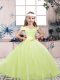 Stunning Yellow Green Sleeveless Lace and Belt Floor Length Custom Made Pageant Dress