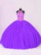 Purple Organza Lace Up Halter Top Sleeveless Floor Length Sweet 16 Dresses Beading and Appliques
