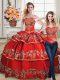 Fitting Sleeveless Satin and Organza Floor Length Lace Up Quinceanera Gown in Red with Embroidery and Ruffled Layers
