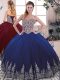 Beautiful Sweetheart Sleeveless 15th Birthday Dress Floor Length Beading and Embroidery Royal Blue Tulle