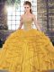 Deluxe Sweetheart Sleeveless Quinceanera Gowns Floor Length Beading and Ruffles Gold Tulle