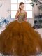 Beauteous Brown Organza Zipper Scoop Sleeveless Floor Length Ball Gown Prom Dress Beading and Ruffles