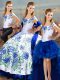 Blue And White Ball Gown Prom Dress Sweet 16 and Quinceanera with Embroidery Off The Shoulder Sleeveless Lace Up