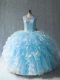Superior Blue Ball Gowns Organza Scoop Sleeveless Beading and Ruffles Floor Length Lace Up 15 Quinceanera Dress