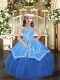 Embroidery Kids Pageant Dress Blue Lace Up Sleeveless Floor Length