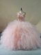 Affordable Sleeveless Tulle Brush Train Lace Up 15 Quinceanera Dress in Pink with Beading and Ruffles