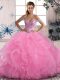 Lovely Rose Pink Lace Up Quince Ball Gowns Beading and Ruffles Sleeveless Floor Length