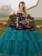 Fabulous Teal Ball Gowns Tulle Off The Shoulder Sleeveless Embroidery and Ruffled Layers Lace Up 15 Quinceanera Dress Brush Train