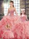 Watermelon Red Sweet 16 Quinceanera Dress Sweetheart Sleeveless Brush Train Lace Up
