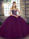 Comfortable Dark Purple Ball Gowns Tulle Sweetheart Sleeveless Beading Floor Length Lace Up Ball Gown Prom Dress