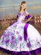 White And Purple Ball Gowns Satin Off The Shoulder Sleeveless Embroidery and Ruffles Floor Length Lace Up Quinceanera Dress