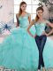Fancy Off The Shoulder Sleeveless 15 Quinceanera Dress Floor Length Beading and Ruffles Aqua Blue Tulle