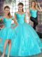 Off The Shoulder Sleeveless 15th Birthday Dress Floor Length Beading and Appliques Aqua Blue Tulle