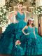 Low Price Teal V-neck Neckline Ruffles Quince Ball Gowns Sleeveless Backless