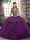 Sumptuous Straps Sleeveless Quinceanera Dress Floor Length Beading and Appliques Purple Tulle