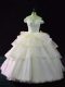 Beading and Ruffled Layers Vestidos de Quinceanera Pink Lace Up Sleeveless Brush Train