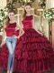 Sweet Wine Red Two Pieces Ruffled Layers 15th Birthday Dress Lace Up Organza Sleeveless Floor Length