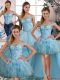 Off The Shoulder Sleeveless Quince Ball Gowns Floor Length Beading and Ruffles Light Blue Organza