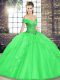 Simple Off The Shoulder Sleeveless Sweet 16 Dress Floor Length Beading and Ruffles Green Tulle