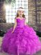 Modern Beading and Ruffles and Pick Ups Little Girl Pageant Dress Fuchsia Lace Up Sleeveless Floor Length