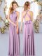 Lavender Criss Cross Damas Dress Ruching Sleeveless Floor Length