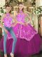 Satin and Tulle Halter Top Sleeveless Lace Up Embroidery Quinceanera Gowns in Fuchsia