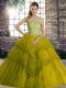 Olive Green Ball Gowns Tulle Off The Shoulder Sleeveless Beading and Lace Lace Up Sweet 16 Quinceanera Dress Brush Train