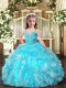 Aqua Blue Straps Neckline Beading and Ruffles Pageant Dress for Womens Sleeveless Lace Up