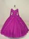 Fuchsia Lace Up V-neck Lace and Appliques Sweet 16 Dresses Tulle Long Sleeves