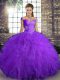 Off The Shoulder Sleeveless Lace Up Quinceanera Gown Purple Tulle