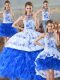 Sleeveless Floor Length Embroidery and Ruffles Lace Up Sweet 16 Dress with Blue And White