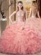 Stylish Peach Ball Gowns Organza Scoop Sleeveless Beading and Ruffles and Pick Ups Floor Length Lace Up Quinceanera Dresses