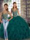 Charming Peacock Green Two Pieces Straps Sleeveless Organza Floor Length Lace Up Beading and Ruffles Ball Gown Prom Dress