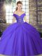 Low Price Purple Ball Gown Prom Dress Military Ball and Sweet 16 and Quinceanera with Beading and Pick Ups Off The Shoulder Sleeveless Brush Train Lace Up