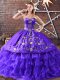 Custom Fit Purple Ball Gowns Sweetheart Sleeveless Satin and Organza Floor Length Lace Up Embroidery and Ruffled Layers 15 Quinceanera Dress